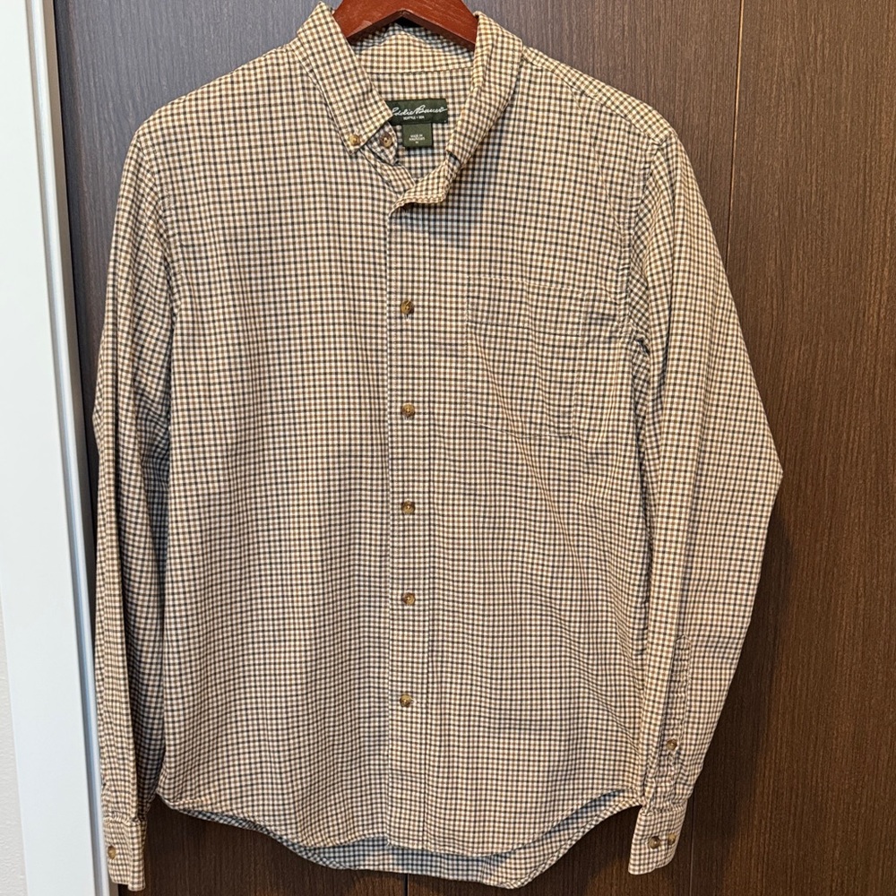 Eddie Bauer Tan and Brown Checkered Button Down Shirt